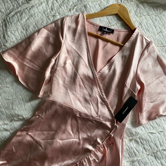 Lulus Pink Satin Wrap Dress - Picture 8 of 9